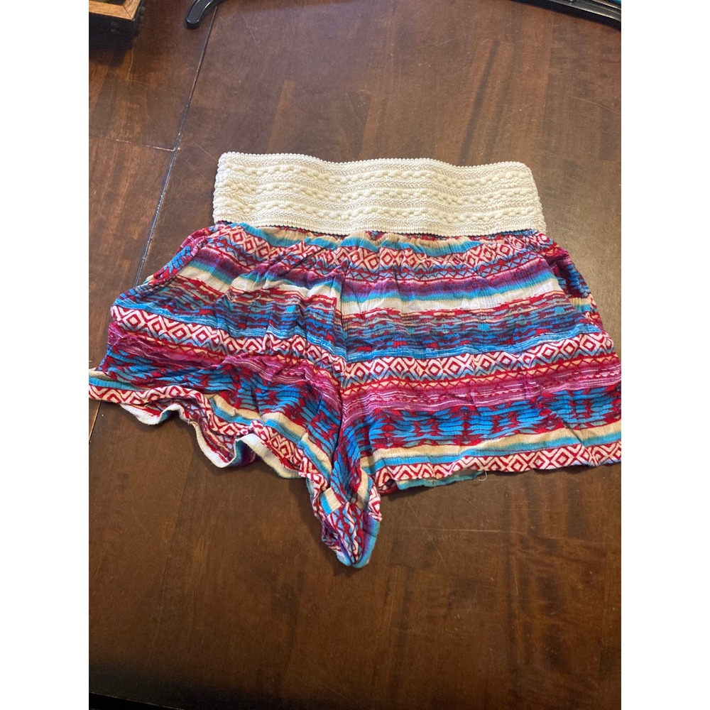 Joe B Girls Small Boho Geometric Striped Rayon Shorts‎ Smocked Waist Red Blue